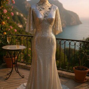 Lauren Ralph Lauren Sequined Flutter Floor-Length Gown Silver Snow NWT Size 6